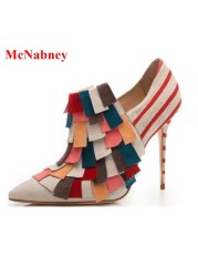 Newest Fringe Thin Heels Women's Pumps Pointed Toe High Heel Shoes Striped Women Shallow Party Shoes Mixed Colors Slip On Pumps