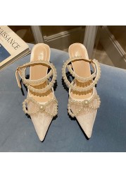 Rimocy Sexy White Lace Ankle Strap Pumps Women Pointed Toe Pearl Bowknot Wedding Shoes Woman 2022 Summer Thin High Heels Sandals