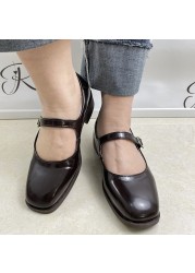 Rimocy Vintage Brown Low Heel Mary Jane Shoes for Women Spring Autumn Patent Leather Shoes Woman Square Toe Buckle Strap Pumps