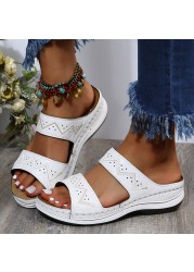 Rimocy Summer Outdoor Platform Beach Slippers Women PU Leather Striped Wedges Sandals Woman Fashion Thick Sole Non-slip Slides