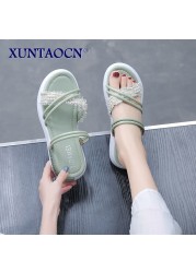 Slippers Women Summer Flat Shoes Female String Bead Pantofle Lady Slides Fashion Low 2022 Girl Luxury Fabric Rubber Rome Hoof He