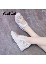 Women's shoes spring and summer new hidden heel white shoes slip-on hollow out embroidery breathable lazybone casual lady shoes