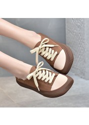 Half slippers women 2021 spring and summer new cool slippers contrast color retro handmade square lace up soft-soled shoes