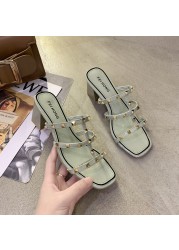 Summer 2021 New Slippers Women Rivet Sandals Women Square Toe Slippers Open Toe Shoes Fashion Shoes For Women Sexy High Heels