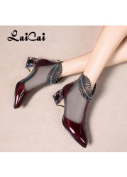 2021 spring summer new chunky heels patent leather pumps women hollow-out plus size shoes rhinestone mesh closed toe sandals