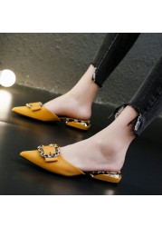 Fashion Women's Flat Shoes Pointed Toe Buckle Square Thick Heel Mules