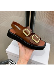 Metal buckle decoration split leather slip on women sandals flat platform fashion women's shoes summer sandals black beige