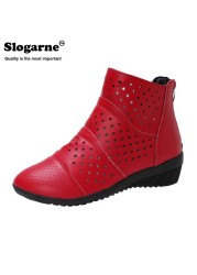 Women's hollow ankle boots female spring shoes 4.5cm medium heel wedges soft leather invisible height increasing short boots