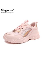 Women's spring autumn air mesh sneakers lady's running shoes girl's high elastic thick-soled middle school students leather shoes