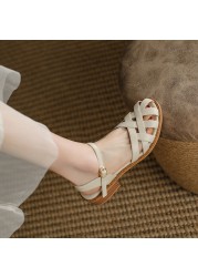 Real Leather Weave Gladiator Women Sandals Square Heels Buckle Strap Sandals for Women 2022 Hollow Out Summer Ladies Footwear