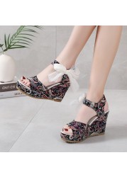 Rimocy Print Bohemia Wedges Sandals for Women 202 Summer Super High Heels Peep Toe Sandalias Mujer Plus Size Beach Platform Shoes