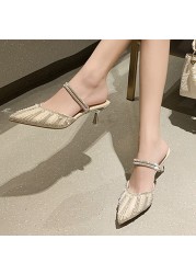 Lucifer Bling Crystal Pointed Toe Slippers Women 2022 Pearl Stiletto High Heel Sandals Woman Shallow Mouth Mules Shoes Female