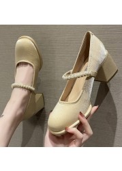 Lucifer Elegant Women Ankle Strap Shoes 2022 Spring Silk Thick Heel Round Toe Party Wedding Shoes