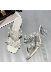 2022 New Women Transparent PVC Beaded Shoes Slippers Open Toe Female Beach Perspex Heels Crystal Shoes Female Shoes