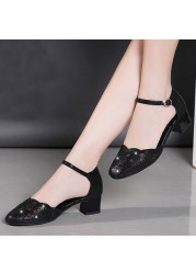 Lucifer Women's 2022 Crystal Studded Chunky Heels Ankle Strap Women High Heels Shoes Women Hollow Out Round Heel Shoes