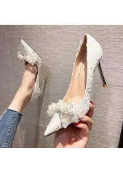 Rimocy Sexy Stiletto Heels Wedding Pumps Women Designer Luxury Pearl Bowknot Thin High Heels Pointed Toe Party Dress Shoes Woman