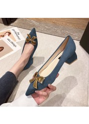 Rimocy Fashion Gold Bowknot Women Pumps Pointed Toe Thick Heels Office Shoes Woman 2022 Spring Comfortable Shallow Ladies Pumps