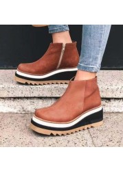 Plus size 43 wedge heel ankle boots women 2021 autumn and winter new flat side zipper leather boots women botas de mujer