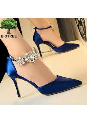 BIGTREE Shoes Women Rhinestone High Heels Woman Pumps Stiletto Silk Satin Women Heels Shoes Ladies Wedding Shoes Women Sandals