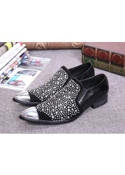 Spring summer fashion loafers rhinestones casual shoes men pointed toe slip on real leather shoes nightclub bar party shoes