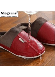 Couples Women Men Winter Slippers Home Cotton Shoes For Lovers Men Indoor Slippers Plush Warm Indoor PU Leather Waterproof Unisex