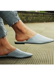 Fashion Flats Mules Women's PU Leather Pointed Toe Slip-on Sandalias Women Slippers Summer Sandals Women's Shoes (Soft)