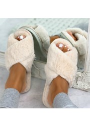 Fashion Women Cozy Fluffy Slippers Cozy Faux Fur Cross Indoor Floor Slides Flat Soft Furry Ladies Female Celebrity Flip Flops