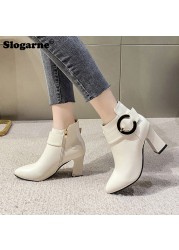 Women High Heels Short Boots Female Spring Autumn Ankle Boots Side Zippers Woman Soft Leather Shoes Waterproof Pumps Thick Heel