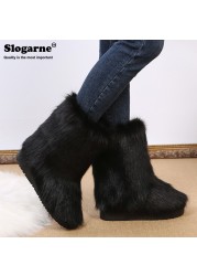 Women Snow Boots Outdoor Fur Boots Fluffy Fur Female Luxury Furry Plush Bottes Warm Mid-Calf Winter Boots Large Size Platform