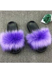 Fashion designer luxury ladies furry fur slippers colorful sandals rainbow shoes for women