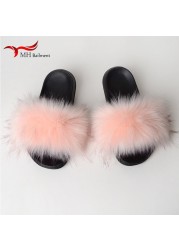 Women Summer New Synthetic Fox Fur Slippers Indoor Home Furry Cute Faux Raccoon Fur Non-slip Outdoor Home Shoes Beach Sandals