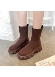 2021 Autumn Winter New Plus Size 43 Socks Boots Knitted Round Toe Short Boots Fashion Platform Woman Ankle Boot Mesh Breathable