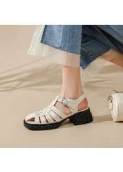 2022 summer women shoes round toe low heel shoes women solid women sandals casual cow leather shoes for women roman black shoes