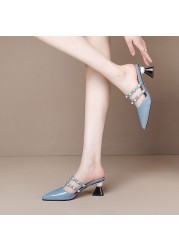 New Patent Leather Pointed Rhinestone Chain Bead Women Slippers Breathable Comfort High Heel Baotou Wearable Zapatos Mujer