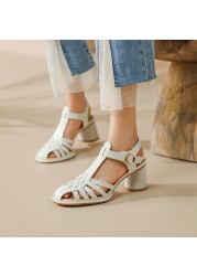 2022 New Cowhide Gladiator Sandals Women Sandals Buckle Ladies Comfortable High Heel Shoes