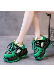 Lucifer Green Sequin Chunky Sneakers Shoes Woman 2022 Spring Mixed Color Platform Shoes For Women Lace Up Thick Sole Sneakers