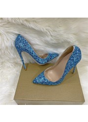 Spring new blue sequins pointed toe stiletto high heels work shoes party dress all-match large size fashion women's shoes
