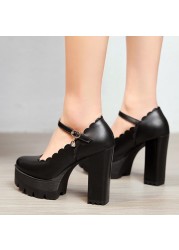 Lucifer 2021 Autumn Women Ankle Strap Thicken High Heels Shoes Woman Black White Wedge Mary Jane Shoes Women 43