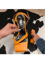 2022 summer lady sandals female 5cm high heels square toe PU solid color buckle sandals slides women shoes