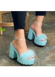 Ladies beach sandals banquet women's new fur rubber high-heeled platform sandals outdoor leisure buckle slippers