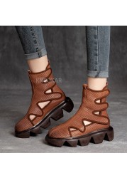 202NEW Women Summer Sandals Mid Heels Wedges Ladies Shoes Vintage Genuine Leather Plus Size Sandalias