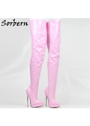 Sorbern Unisex Crotch Thigh High Boots 18cm Metal High Heel Long Boot Shoes Ladies Platform Spike Hard Walking Boot Pointy Toes