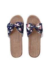 Women Summer Beach Slippers Female Breathable Floral Bow Linen Slippers Sandals Woman Non-slip Flats Female Flip Flop Fashion