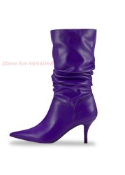 Metallic Leather Mid-Calf Boots Pleated Thin Heels Women Sexy Slip-On Pointed Toe Modern Boots 2022 Spring British Style Boots