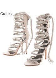 Strappy Heel Sandals Metal Chains Wrap High Heel Shoes Ankle Straps Tassel Gladiator Summer Hollow Dress Shoes Sandals