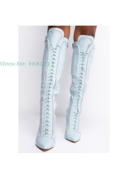 Light Blue Knee High Boots Lace-up Chic Pointed Toe Leather Splicing Long Boots Sweet Thin Heels Fashion Women Shoes Spring 2022