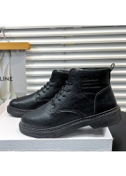 Black Leather Men Boots Lace Up Platform Ankle Boots Street Style High Tops Casual Shoes Fashion Combat Boots For Men