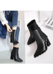 Star with the same paragraph handsome round rivet decoration pointed toe thick heel high heel ankle boots 3787