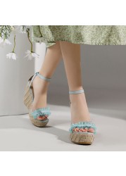 REAVE CAT 2022 Women Sandals Espadrilles Peep Toe Wedges Heel Lace Pleated Buckle Strap Big Size 30-48 Pink White Summer S3615