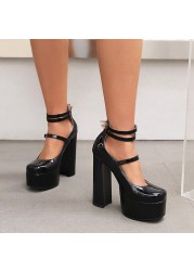 REAVE CAT Women Pumps Square Toe High Block Heels Buckle Straps Punk Platform Big Size 35-41 Solid Red Black Sexy Spring S3626